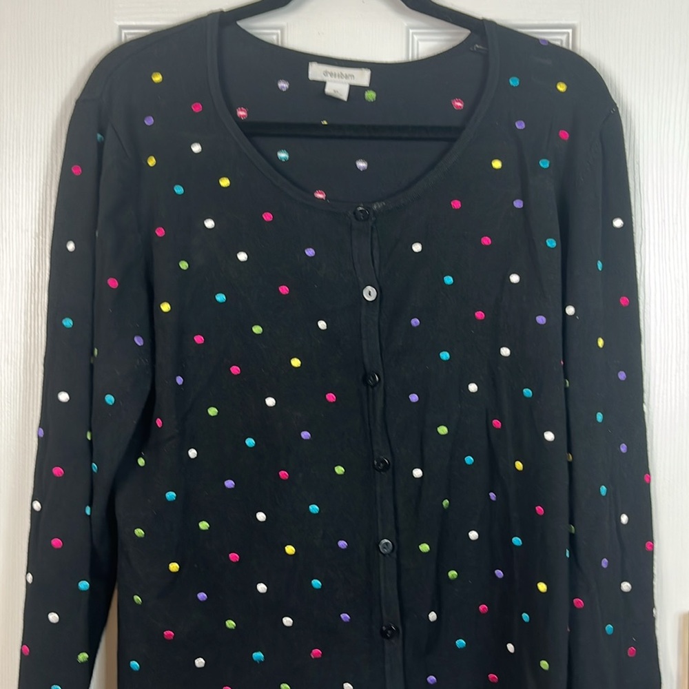 NWOT Dressbarn black long sleeved cardigan sweater w multi colored dots. XL - Picture 2 of 7